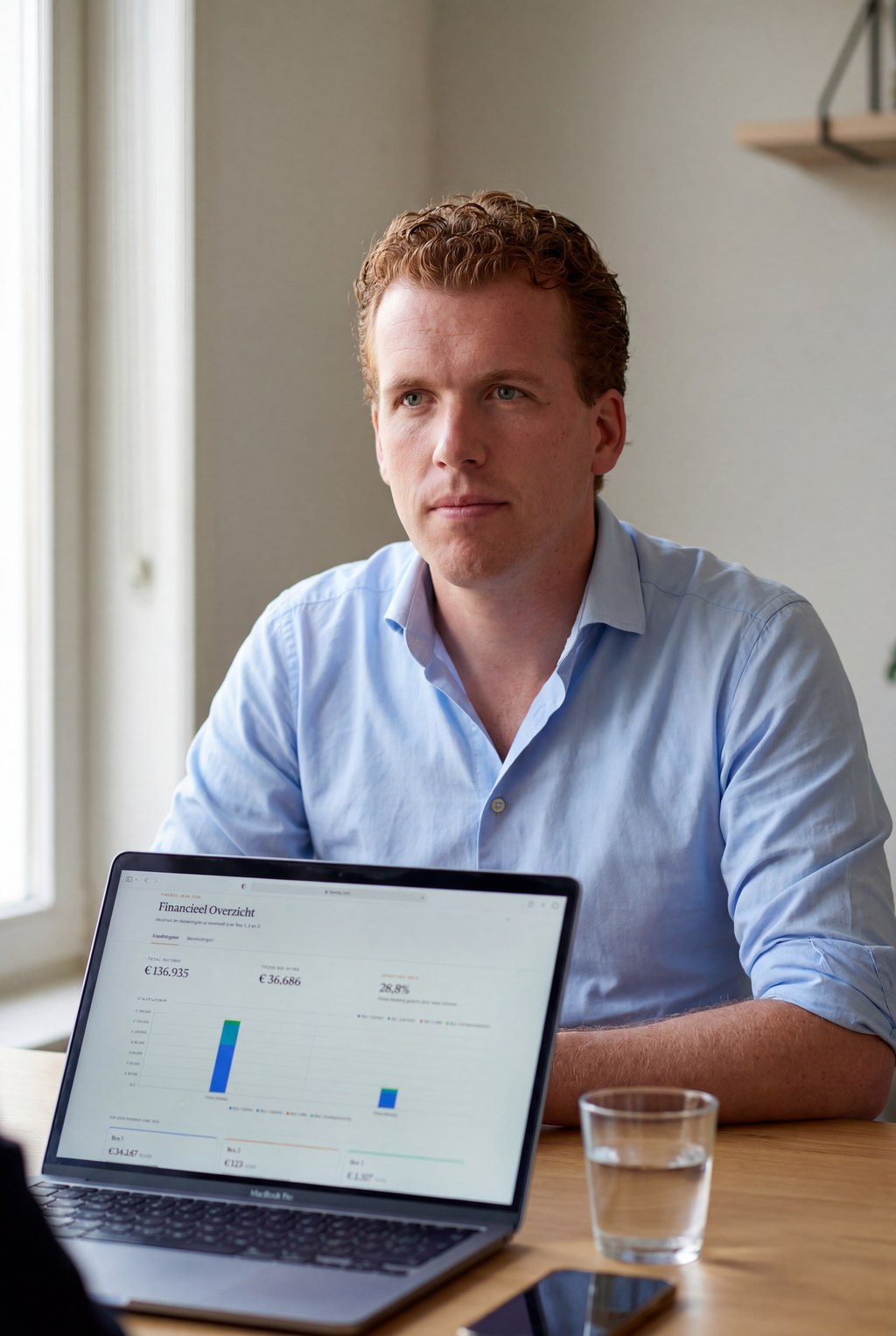 Martin Ceelen, Fiscaal Strateeg bij Taxety, bespreekt estate planning aan een vergadertafel met het Financieel Overzicht op het scherm