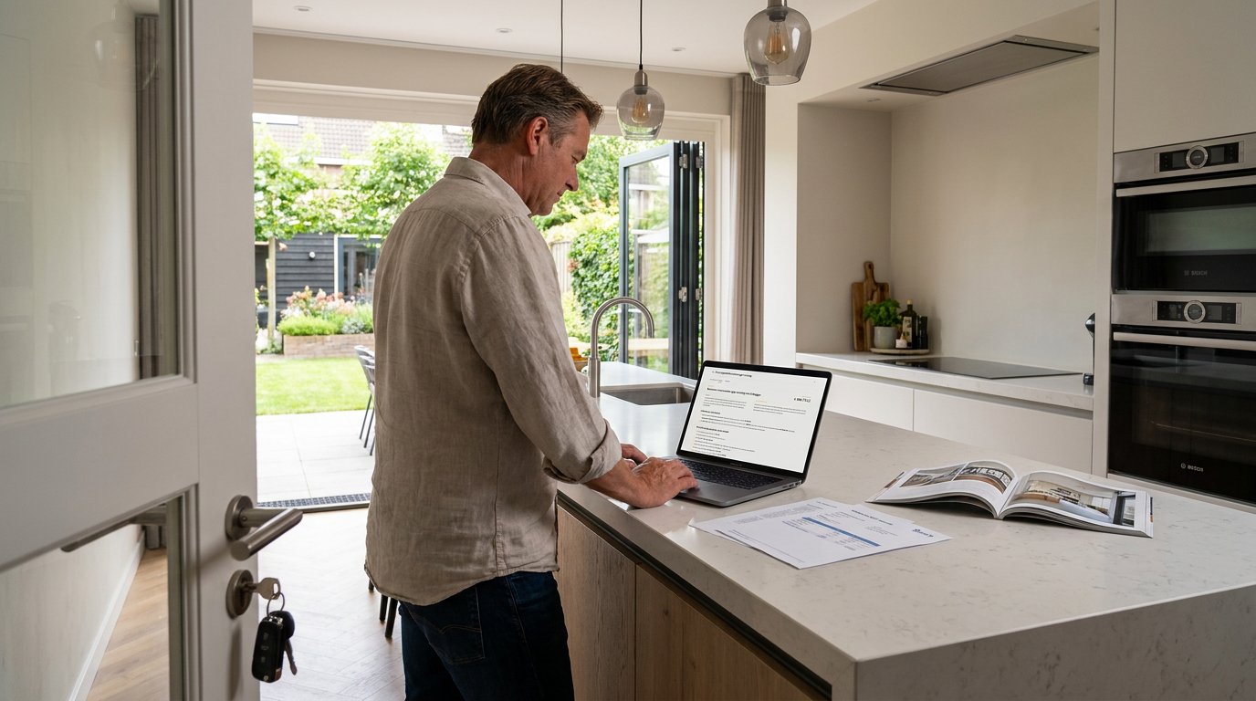 Ondernemer bekijkt extra hypotheekruimte en eigen woning in de Taxety screening op een laptop
