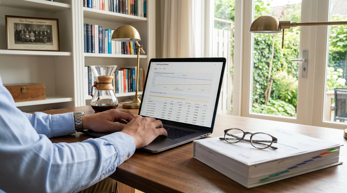 DGA vergelijkt loon- en dividendscenario's in de Taxety screening op een laptop